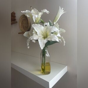 Faux White Lily Arrangement in Glass Vase